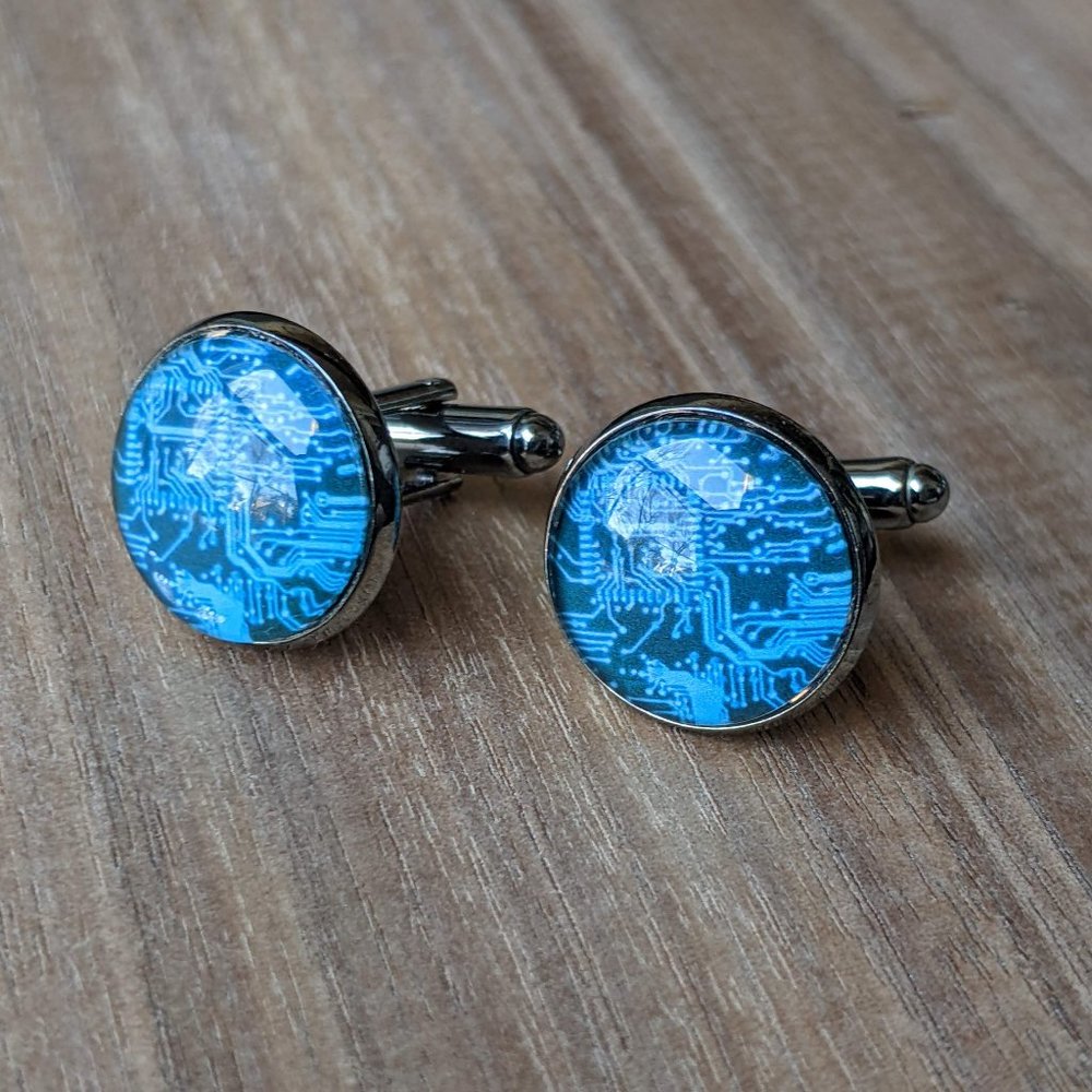Glass Dome Cuff Links with Printed Circuit Boards in Blue, Shiny Gunmetal-Plated